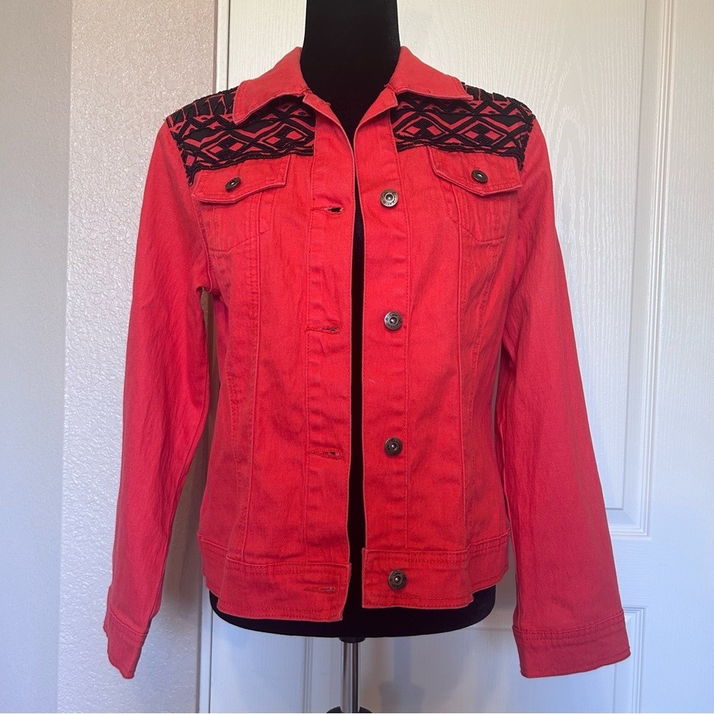 DG2 by Diane Gilman Y2K Orange with Beaded Shoulders Jean Jacket Size‎ Small